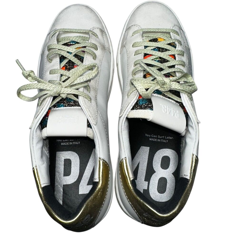 P448 Thea Platform Mahlia Mixed Suede Leather Sneakers Gold Heel Women's‎ 39 8.5 - Picture 9 of 12